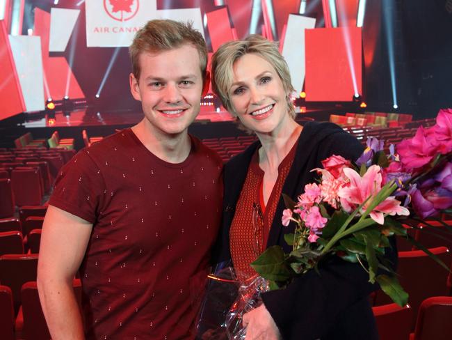 Top gig ... Joel Creasey meeting Jane Lynch at the Just For Laughs comedy festival in Montreal. Picture: Supplied