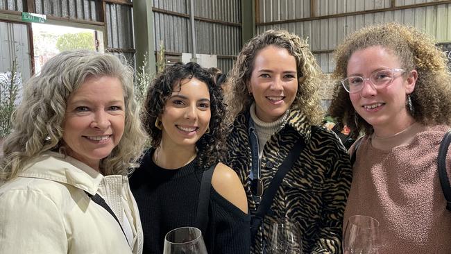 Mornington mum Louise Inglese celebrating her daughter’s engagement with Sara Gucciardo, Hawthorn, and Irish sisters Susie and Deidre McGuinness. Picture: Lucy Callander