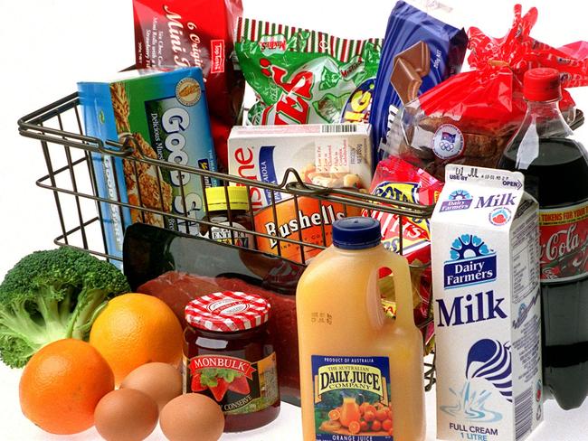 Generic photo of basket of groceries, with some items GST free. Food Grocery Shopping Supermarket.