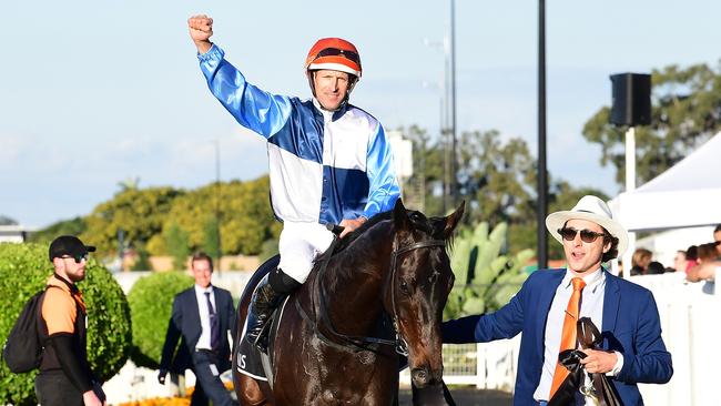 Hugh Bowman combined with Duais to win the Group 1 Queensland Oaks for Edward Cummings. Picture: Grant Peters/Trackside Photography