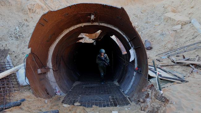 An Israeli soldier emerges from a Hamas tunnel in the Gaza Strip. Picture: AFP