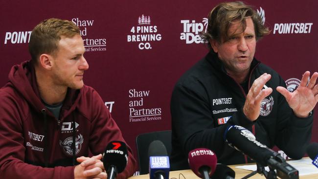 Hasler alongside Manly captain Daly Cherry-Evans (who says he will be “proudly wearing” the jersey on Thursday). Picture: Gaye Gerard/NCA NewsWire