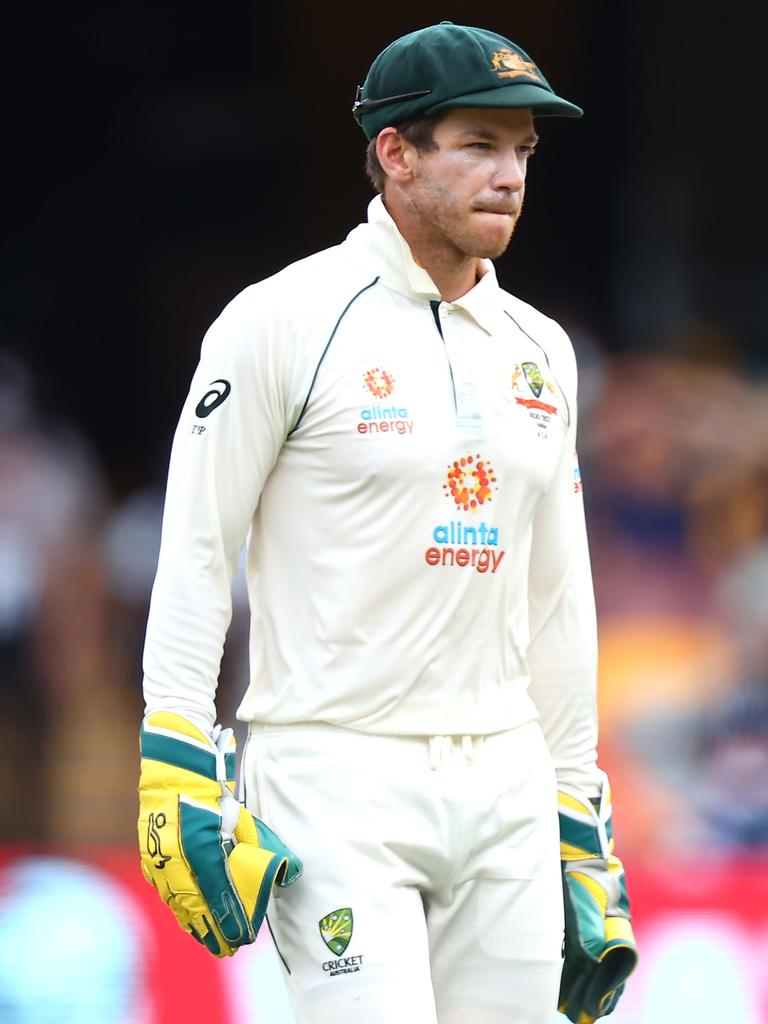 Australia's captain Tim Paine looks on between overs on day five of the fourth Test. (Photo by Patrick HAMILTON / AFP)