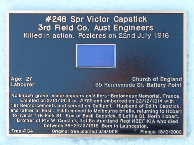 Sapper Victor Capstick’s plaque on the Soldiers’ Memorial Avenue