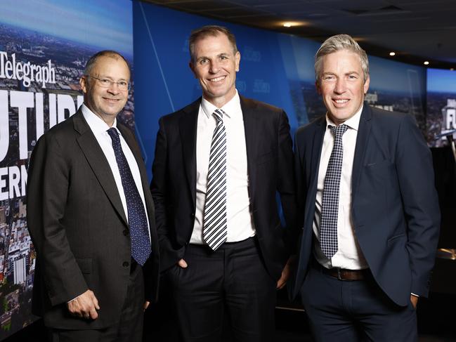 Pictured is Chief Executive Officer, Urban Taskforce Tom Forrest, left joins Daily Telegraph editor Ben English and Professor Andy Marks — the Executive Director, Centre for Western Sydney, at the summit. Picture: Richard Dobson