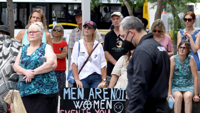 Protesters gather in Brisbane on Sunday. Picture: Steve Pohlner