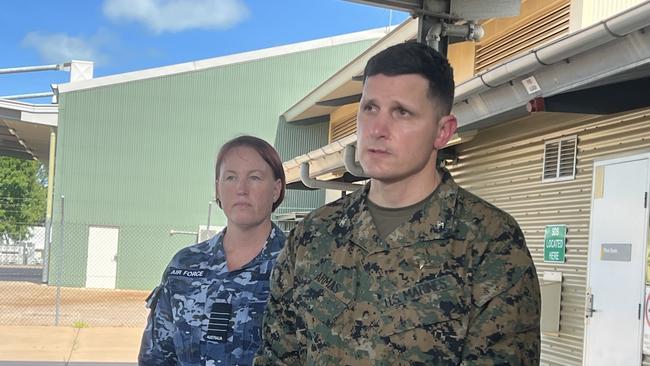 Marine Rotation Force – Darwin commander Colonel Jason Armas (right) and ADF Headquarters Northern Command CO, Group Captain Melissa Neilson (left) speak to media at RAAF Base Darwin. Picture: Harry Brill.