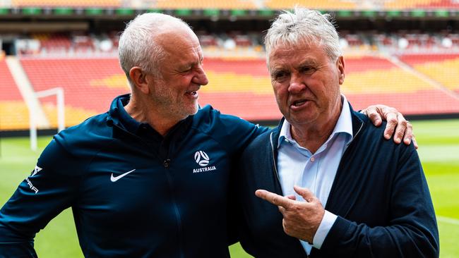 SOCCEROOS. SUNCORP STADIUM. Graham Arnold and Guus Hiddink pictured on the the field at Suncorp Stadium on the 21st September 2022. Picture: supplied by Michael Puterflam (FFA)