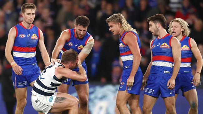 Bailey Smith gets reported for an alleged headbutt on Zach Tuohy. Photo by Michael Klein