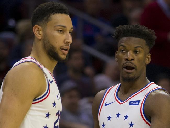 PHILADELPHIA, PA - MAY 05: Ben Simmons #25 and Jimmy Butler #23 of the Philadelphia 76ers talk to one another against the Toronto Raptors in Game Four of the Eastern Conference Semifinals at the Wells Fargo Center on May 5, 2019 in Philadelphia, Pennsylvania. The Raptors defeated the 76ers 101-96. NOTE TO USER: User expressly acknowledges and agrees that, by downloading and or using this photograph, User is consenting to the terms and conditions of the Getty Images License Agreement. (Photo by Mitchell Leff/Getty Images)