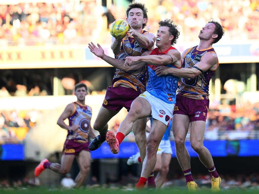Harris Andrews (left) was outpointed by Melbourne forward Jake Melksham. Picture: Matt Roberts/Getty Images