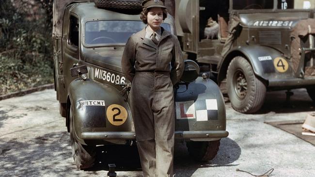 Princess Elizabeth stands in front of an army truck while undergoing ATS training as a 2nd Subaltern at the ATS training centre, Camberley, Surrey. Picture: Imperial War Museum