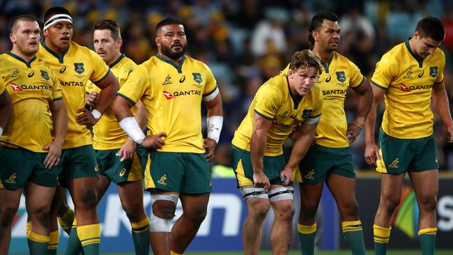 Michael Hooper of the Wallabies and teammates look dejected after an All Blacks try during The Rugby Championship Bledisloe Cup match between the Australian Wallabies and the New Zealand All Blacks at ANZ Stadium. Picture: Getty Images