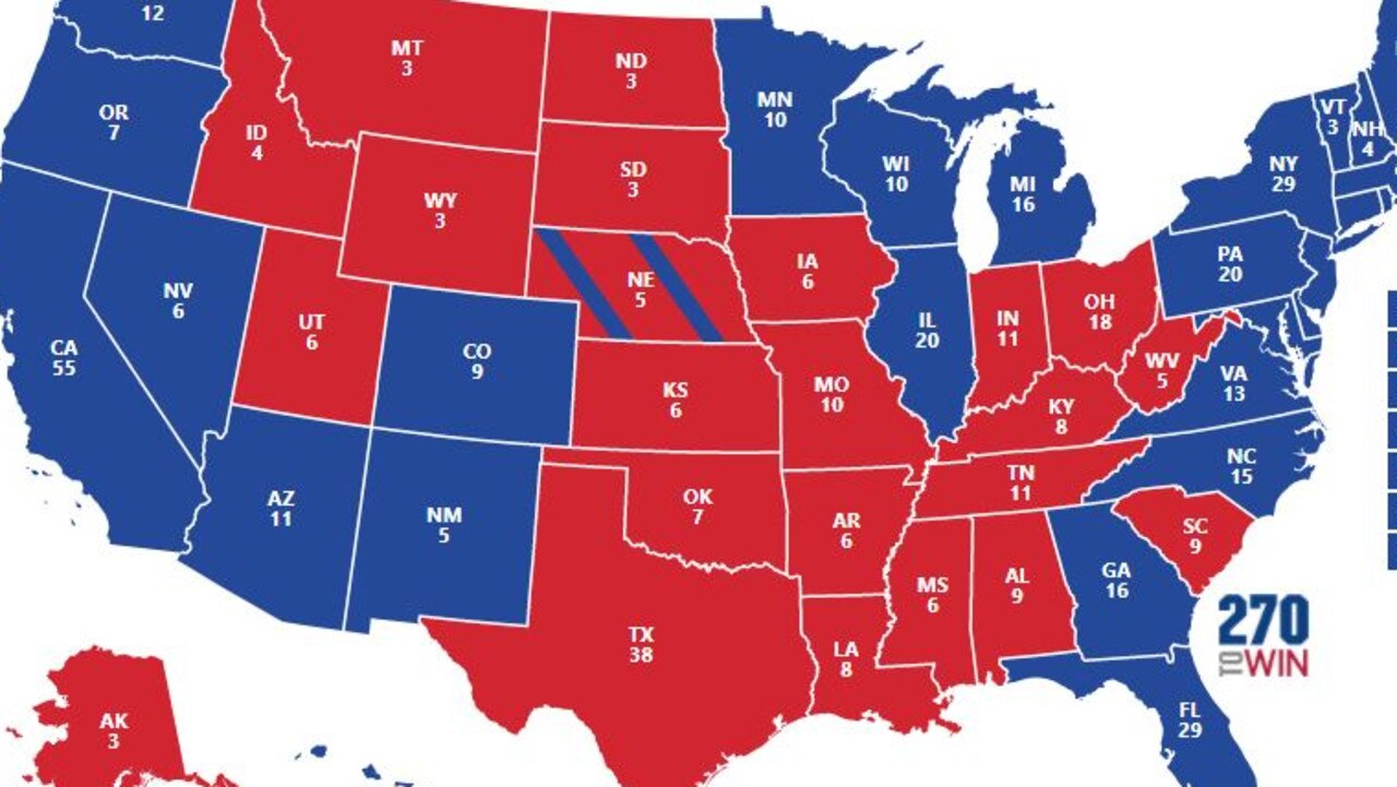 This map, based on current polls, shows Biden with a lead of 351 electoral votes to Trump’s 187. Picture: 270 to Win