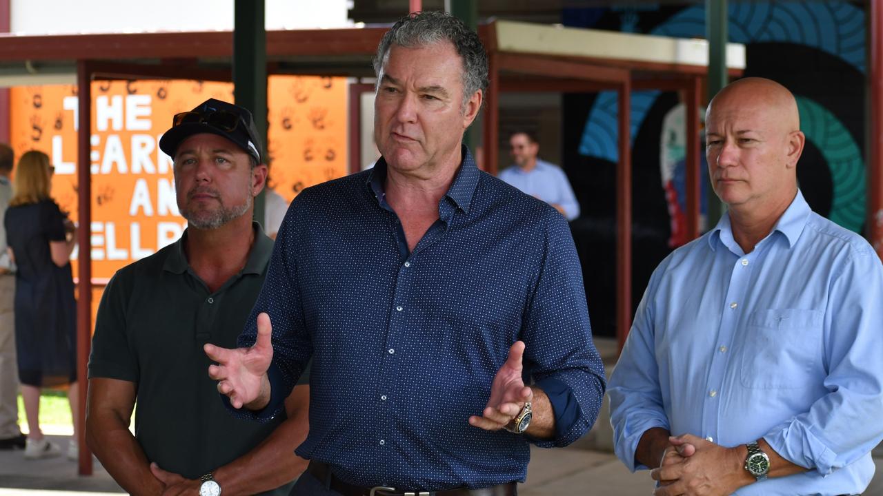 Queensland Minister for Education John-Paul Langbroek speaking at disaster-impacted Ingham State High School on Wednesday. Picture: Cameron Bates