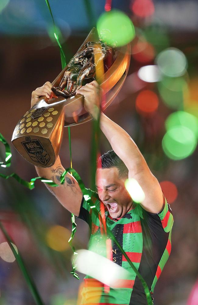 Sutton hoisted the premiership trophy after winning the 2014 NRL Grand Final. (Photo by Mark Metcalfe/Getty Images)