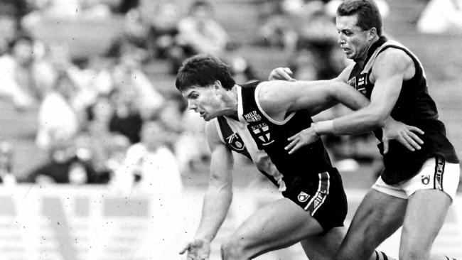 St Kilda captain Danny Frawley with Jeff Hogg in 19911. Picture: Michael Keating