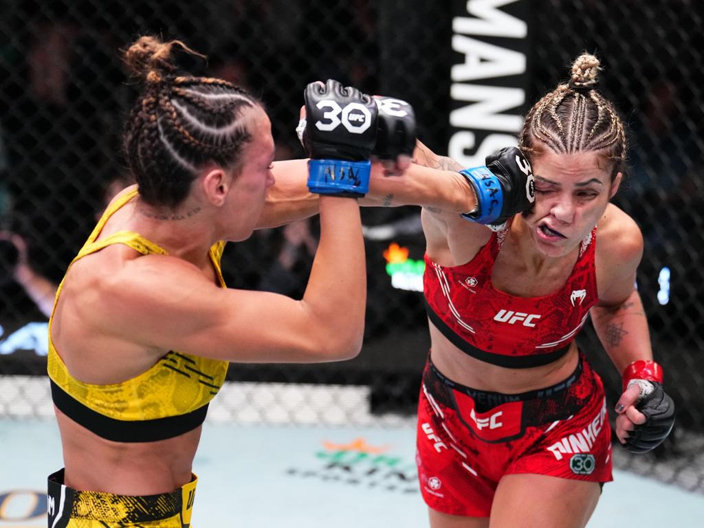 Brazilian fighters Amanda Ribas and Luana Pinheiro compete in a strawweight fight during a UFC Fight Night in Las Vegas. Picture: Chris Unger/Zuffa LLC via Getty Images