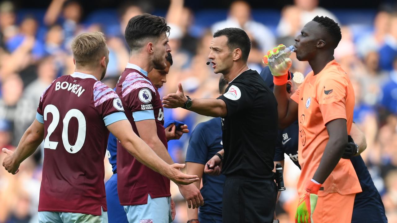 Declan Rice was furious as Maxwel Cornet’s goal was chalked off. (Photo by Mike Hewitt/Getty Images)
