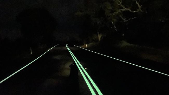 Gippsland company Tarmac Linemarking, in collaboration with OmniGrip and Vic Roads completed trial of new photoluminescent (Glow in the dark) linemarkings in May and the results so far are stunning. Photo: Tarmac Linemarking