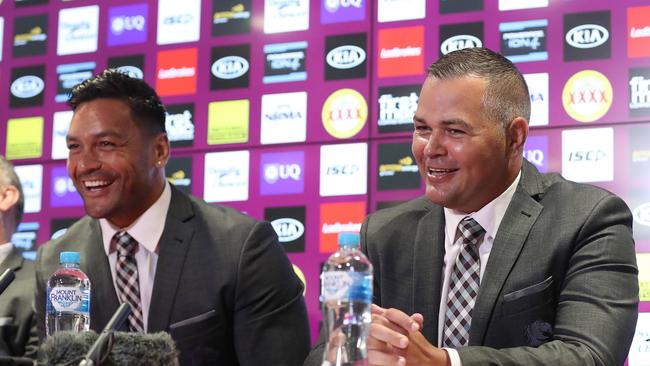 Coach Anthony Seibold unveils Alex Glenn is the new Brisbane Broncos captain. Pic Peter Wallis