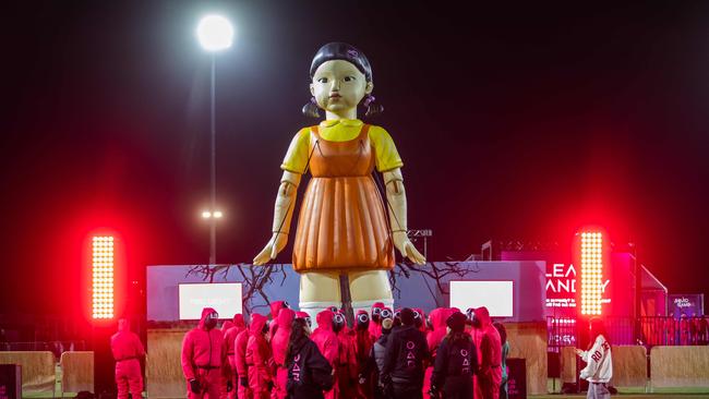 Squid Game guards are seen at the opening ceremony of the Los Angeles premiere and fan event for Netflix's Squid Game: Season 2. Picture: AFP