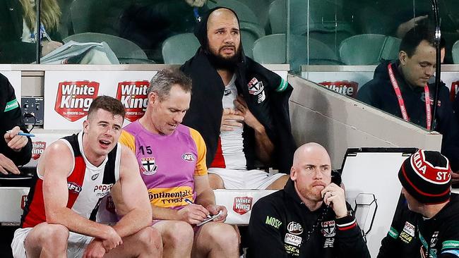 Paddy Ryder on the bench after being subbed out against the Bulldogs in July ,2022. (Photo by Dylan Burns/AFL Photos via Getty Images)