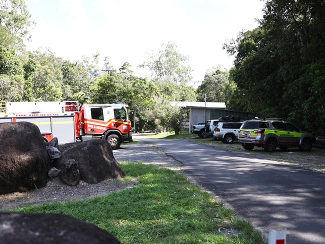 Emergency service vehicles including Queensland Fire Department and Queensland Ambulance Service at the the entry of the Behana Gorge walking trail at Aloomba, south of Cairns.