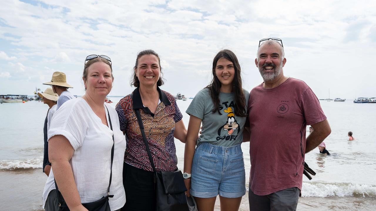 Tameka Gogerly, Nadine Tinsley, Amy Tinsley and Jeff Tinsley at the Darwin Beer Can Regatta at Mindil Beach, 2023. Picture: Pema Tamang Pakhrin