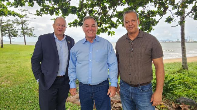 Palm Island Aboriginal Shire Council CEO Michael Bissell, Townsville MP Scott Stewart and Palm Island Mayor Mislam Sam.