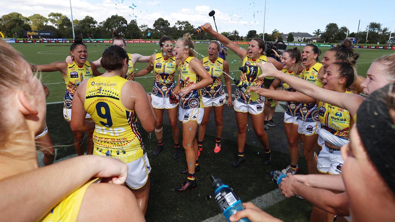 Adelaide players celebrate their win against the Saints. Picture: Robert Cianflone/Getty Images