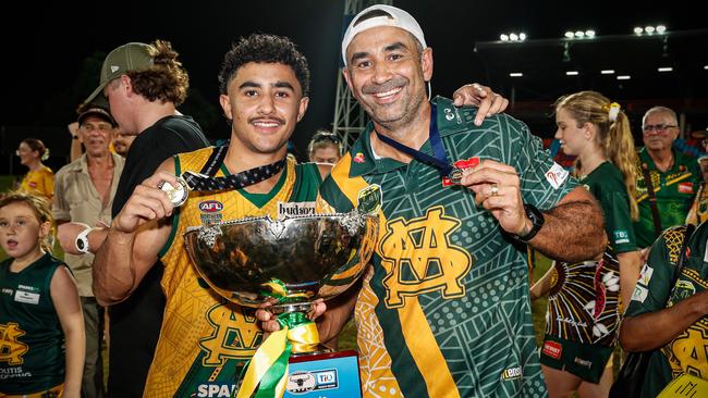 Anthony Vallejo and Xavier Vallejo following the St Mary's 2023-24 NTFL premiership win. Picture: Celina Whan / AFLNT Media