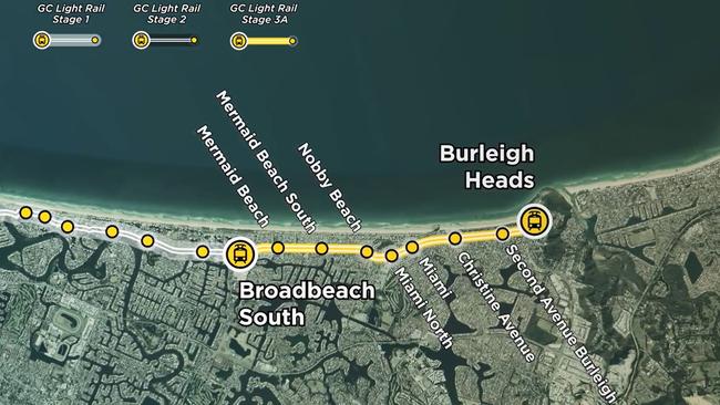 The proposed route of the Stage 3A extension of the light rail to Burleigh Heads.