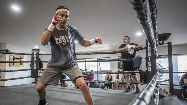 Tim Tszyu hits the gym ahead of his bout with Jeff Horn. Picture: Peter Wallis