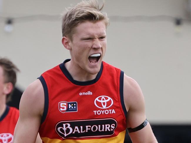 Fischer McAsey played 10 games for the Crows before retiring. Picture: SANFL Image/David Mariuz