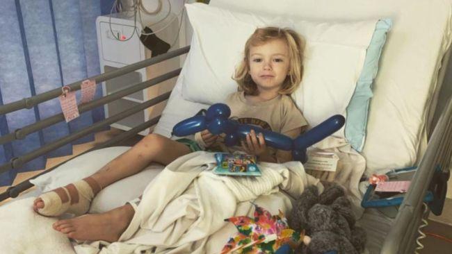 Five-year-old Jaeger Verryt in hospital after his pinky toe was ripped off at a playground. Picture: 7News