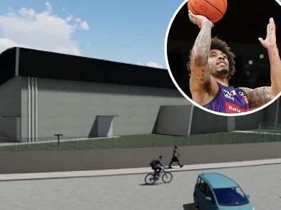 Canva composite of an Auburn Basketball Centre artist's impression and Sydney Kings player Jaylen Adams.