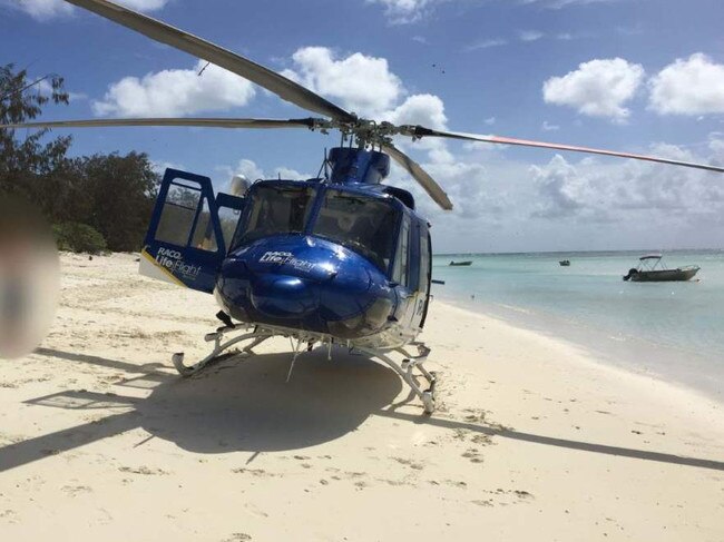 An RACQ LifeFlight helicopter on North West Island after the December attack