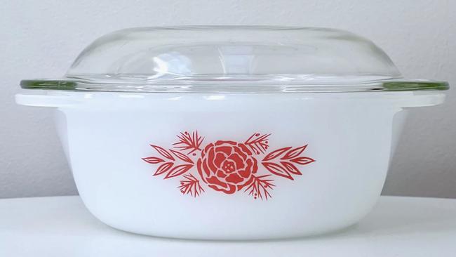 Vintage resellers and collectors 'That Retro Piece' are selling this Vintage Rose AGEE Pyrex Round Casserole tin for $395 on their website. Picture: That Retro Piece