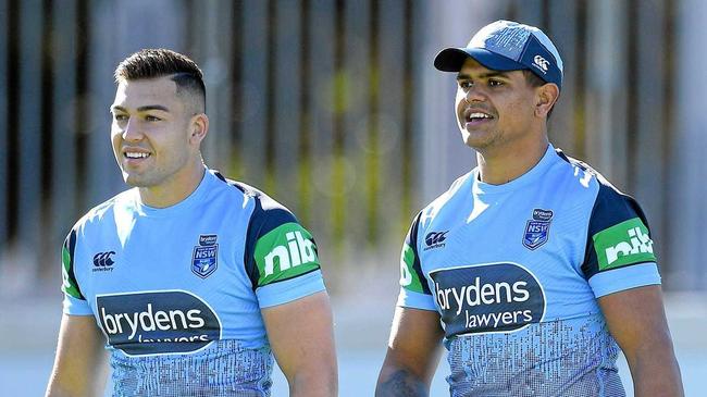 AT TRAINING: NSW Blues players Nik Cotric and Latrell Mitchell. Picture: DAN HIMBRECHTS