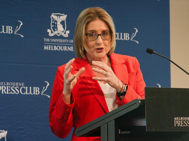 Premier Jacinta Allan speaking at a Melbourne Press Club Lunch on Thursday 24/10/2024. At the lunch, the Premier announced a review into building and planning systems in a bid to fast track and simplify the subdivision process. Picture: Melbourne Press Club