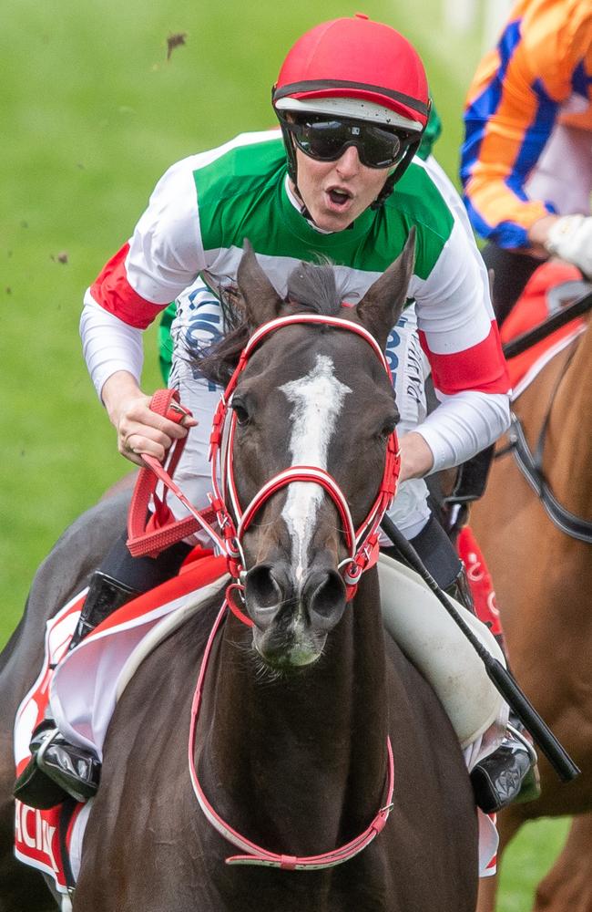 Lys Gracieux, ridden by Damian Lane, takes out the Cox Plate. Picture Jay Town