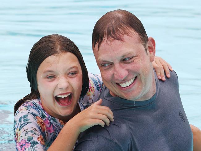 ******* for Sunday Mail*****Premier Steven Miles with his daughter Bridie 9yrs at Cotton Tree Aquatic Centre in Maroochydore. Pic: Supplied by Premier's Department/Annette Dew.