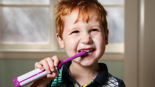 Three-year-old Jack Ryan brushes his teeth. Picture: Tim Carrafa