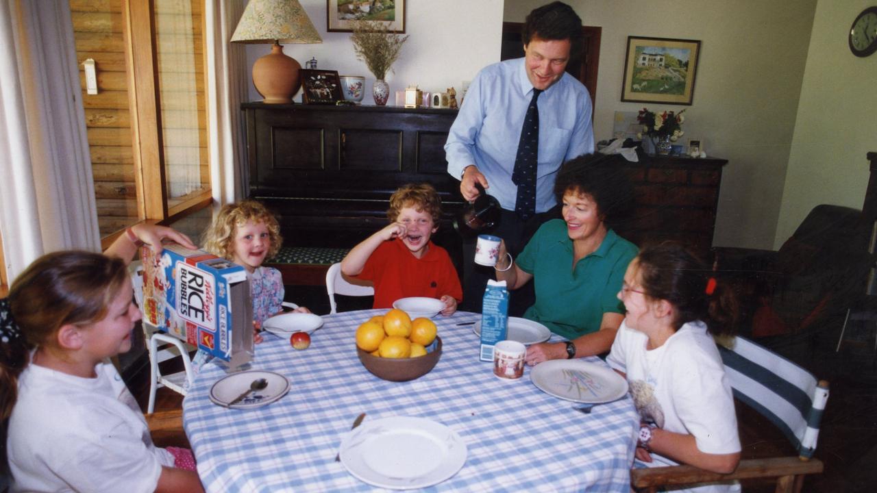 Then-Shadow Treasurer Alexander Downer at home in Bridgewater in 1993 with children Olivia, 11, Henrietta, 4, Edward, 6, wife Nicky and Georgina, 13.