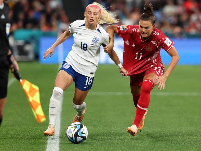 Danish defender #11 Katrine Veje (R) is a workhorse for her team. Picture: AFP