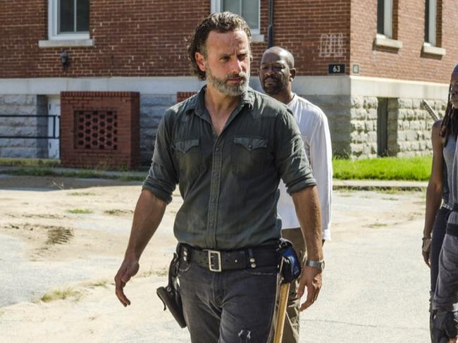 Andrew Lincoln as Rick Grimes, Lennie James as Morgan Jones, Danai Gurira as Michonne, Karl Makinen as RichardÂ - The Walking Dead _ Season 7, Episode 9 - Photo Credit: Gene Page/AMC