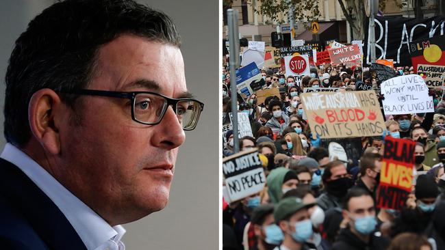 Victorian Premier Daniel Andrews, left; Black Lives Matter protesters gather in Melbourne on Saturday.