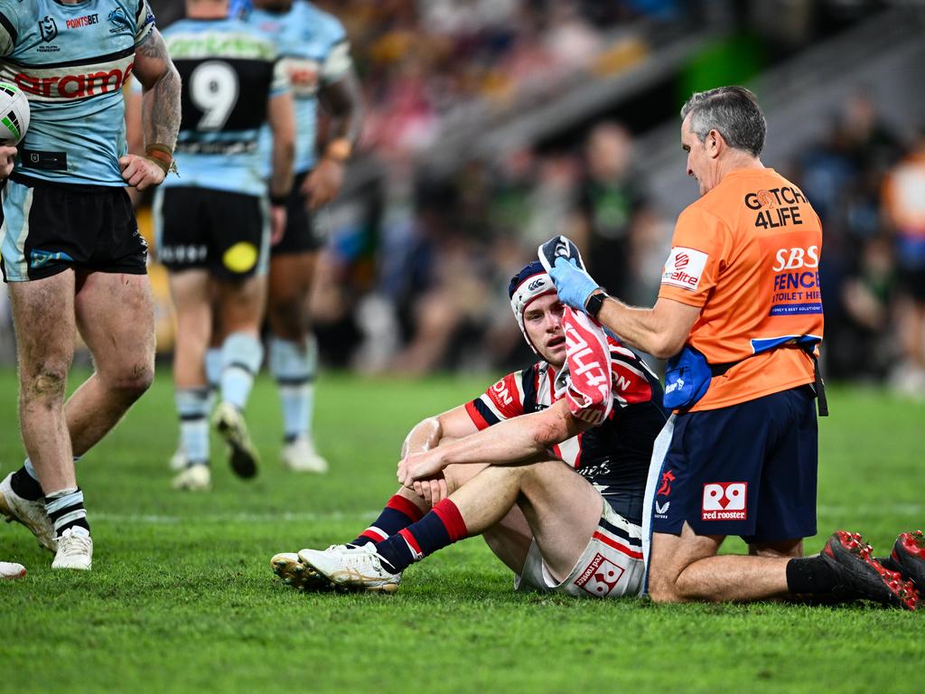 The Roosters suffered a late blow, with Luke Keary forced off the field after a head knock. Picture: NRL Imagery