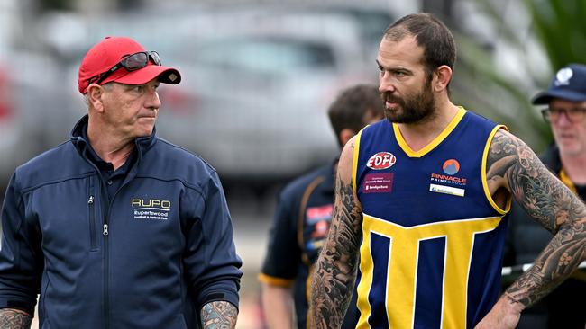 Rupertswood’s coach Arron Bray and Dean Galea. Picture: Andy Brownbill